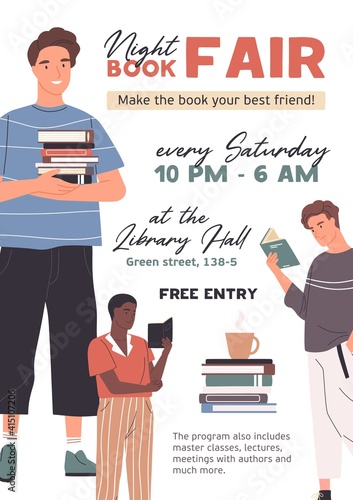 Template design for flyer or poster for book fair advertisement with place for text. Reading fest promotion. Vertical leaflet about literature festival. Flat vector illustration on white background