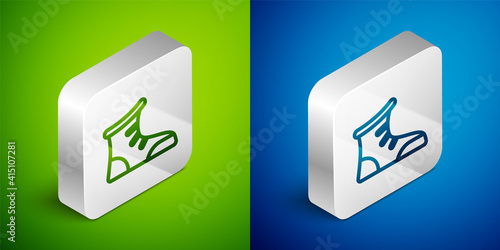 Isometric line Sport boxing shoes icon isolated on green and blue background. Wrestling shoes. Silver square button. Vector.