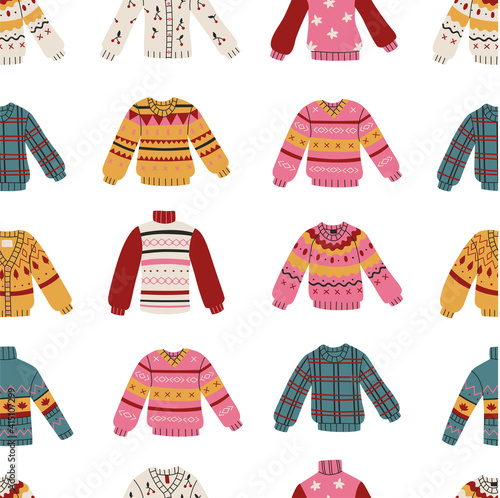 Cute winter warm knitted sweaters set. Christmas sweaters vector illustration. 