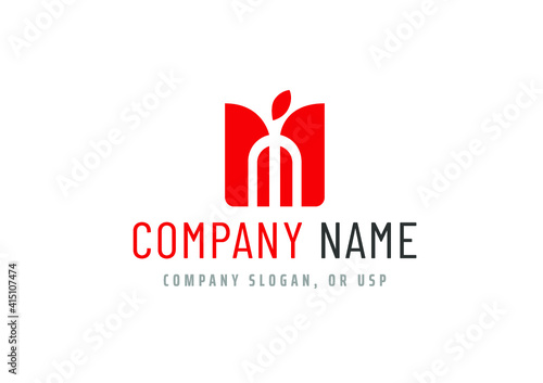 Food logo branding with fork, fresh leaf and designed based on the letter M 