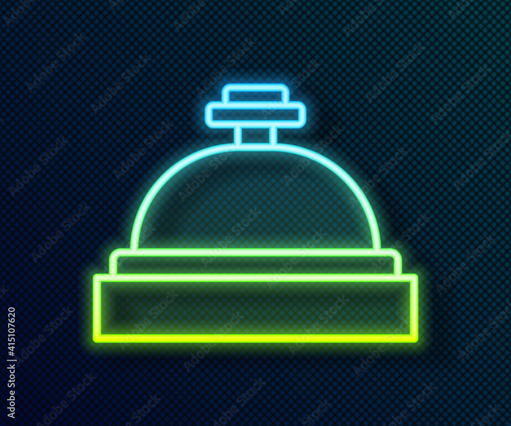 Glowing neon line Hotel service bell icon isolated on black background. Reception bell. Vector. Glowing neon line Hotel service bell icon isolated on black background. Reception bell. Vector.