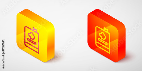 Isometric line Cookbook icon isolated on grey background. Cooking book icon. Recipe book. Fork and knife icons. Cutlery symbol. Yellow and orange square button. Vector.