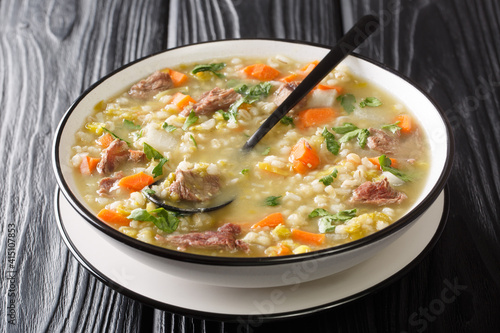 Scotch broth is a traditional hearty Scottish soup closeup in the plate on the table. Horizontal