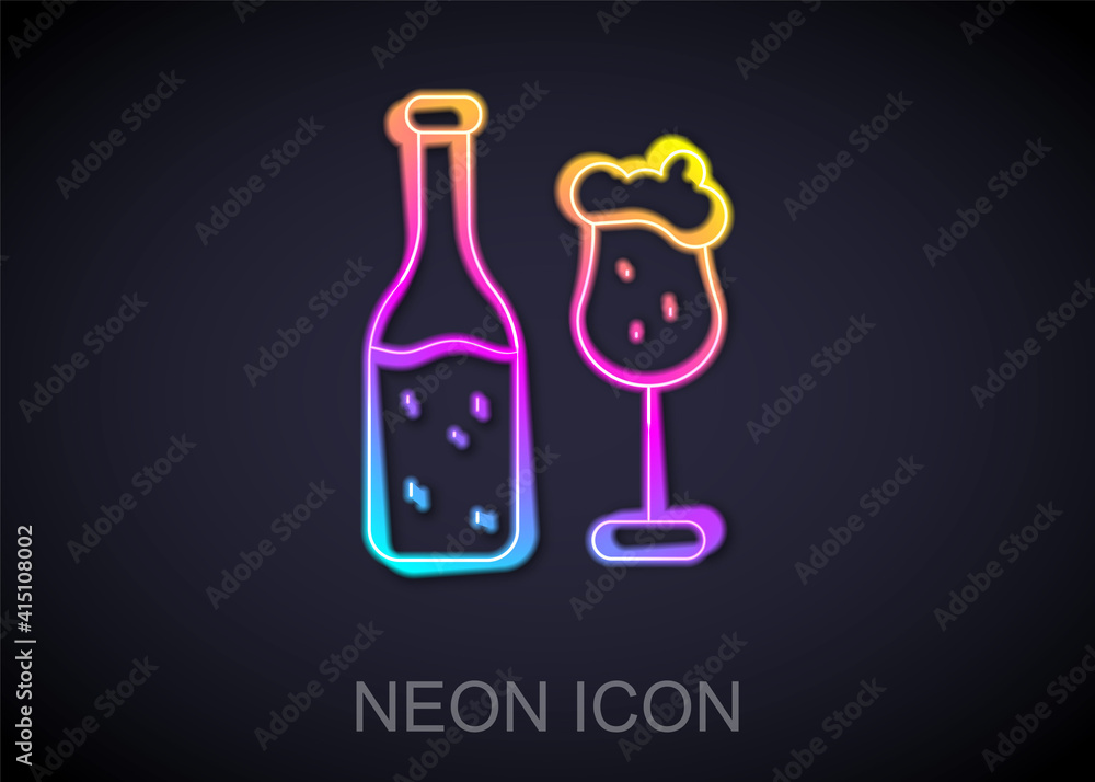 Glowing neon line Beer bottle and glass icon isolated on black background. Alcohol Drink symbol. Vector. Glowing neon line Beer bottle and glass icon isolated on black background. Alcohol Drink symbol. Vector.