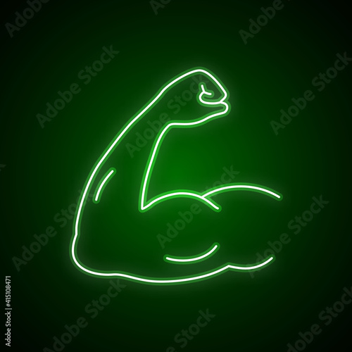 Arm muscle line neon icon, strenght symbol