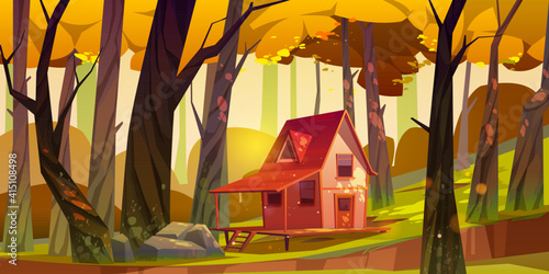 Wooden stilt house in autumn forest. Old shack with terrace on piles in deep wood with falling sun beams among fall trees. Uninhabited forester hut, pc game background, Cartoon vector illustration