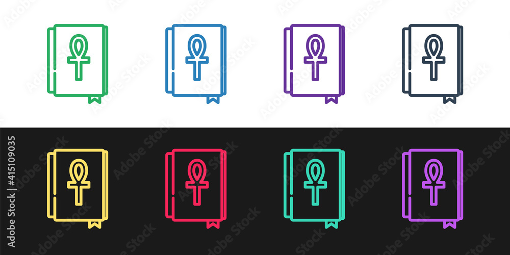 Set line Cross ankh book icon isolated on black and white background. Vector. Set line Cross ankh book icon isolated on black and white background. Vector.