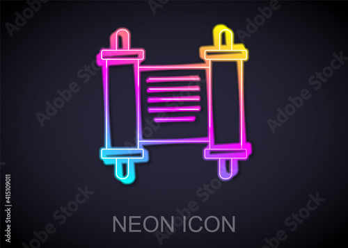 Glowing neon line Decree, paper, parchment, scroll icon icon isolated on black background. Chinese scroll. Vector.