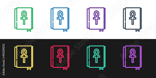 Set line Cross ankh book icon isolated on black and white background. Vector.