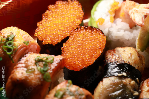 Close up mixed sushi and sashimi platter. Party Platters.