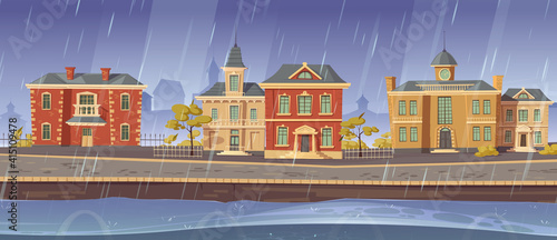 Rain and wind in old town with retro european buildings and lake promenade. Vector cartoon rainy cityscape with vintage architecture, stone road, empty river quay and gloomy sky