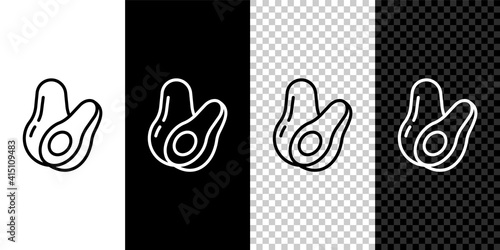 Set line Avocado fruit icon isolated on black and white,transparent background. Vector.
