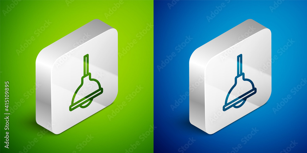 Isometric line Lamp hanging icon isolated on green and blue background. Ceiling lamp light bulb. Silver square button. Vector. Isometric line Lamp hanging icon isolated on green and blue background. Ceiling lamp light bulb. Silver square button. Vector.
