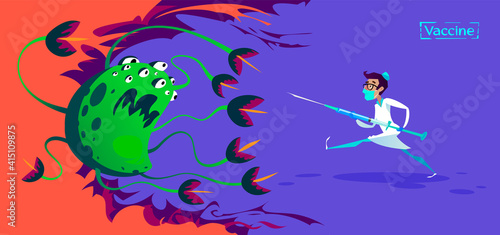 Doctor with syringe fight against virus cartoon character.