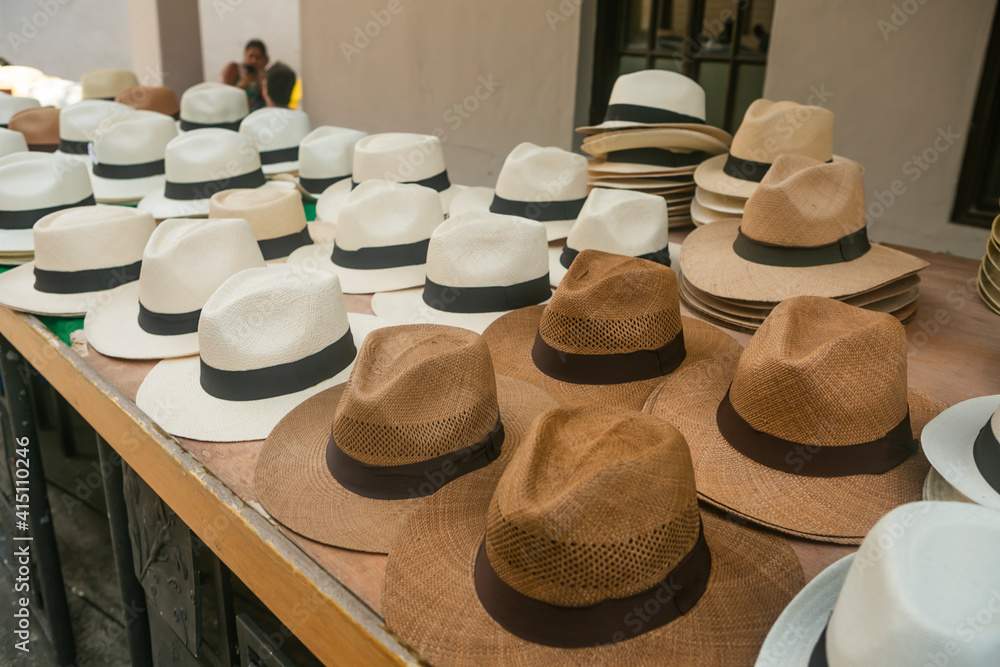 Panama hats for sale at the market in Old City in Panama.