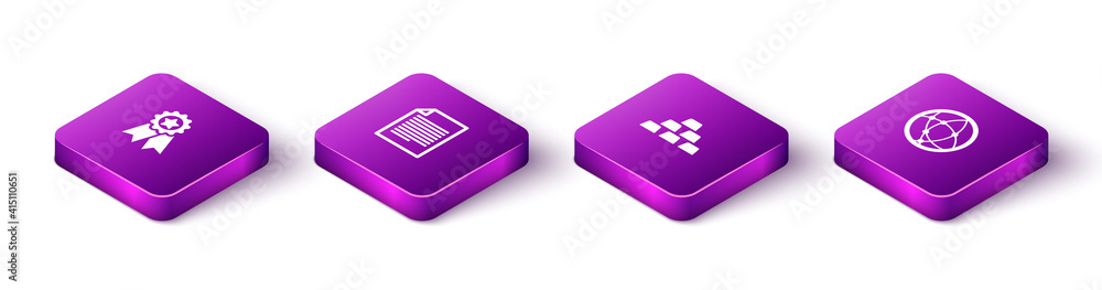 Set Isometric Medal with star, Document, Gold bars and Social network icon. Vector. Set Isometric Medal with star, Document, Gold bars and Social network icon. Vector.