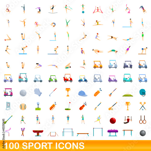 100 sport icons set. Cartoon illustration of 100 sport icons vector set isolated on white background