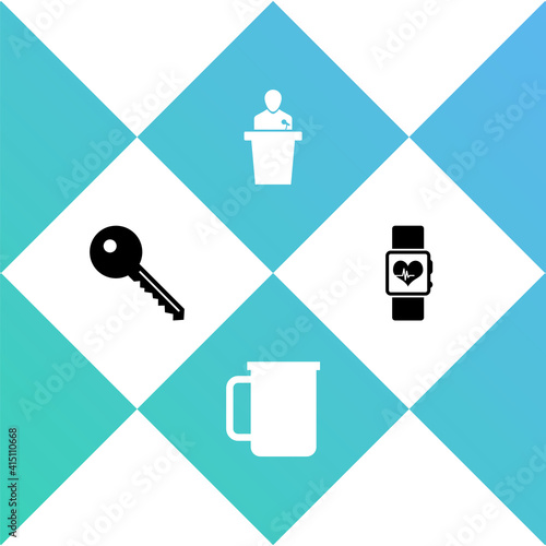 Set Key, Coffee cup, Speaker and Smart watch heart beat rate icon. Vector.