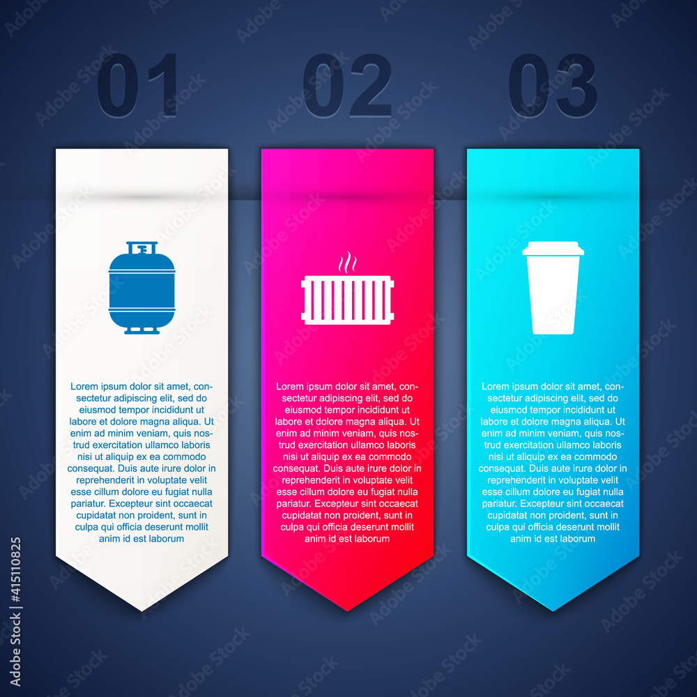 Set Propane gas tank, Heating radiator and Coffee cup. Business infographic template. Vector. Set Propane gas tank, Heating radiator and Coffee cup. Business infographic template. Vector.