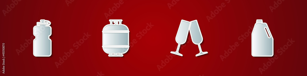 Set Sport bottle with water, Propane gas tank, Glasses of champagne and Household chemicals icon. Vector. Set Sport bottle with water, Propane gas tank, Glasses of champagne and Household chemicals icon. Vector.
