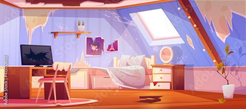 Old dirty girl bedroom on attic. Vector cartoon interior of mansard with broken floor and furniture, mess and trash. Abandoned teenager room with chaos, torn wallpapers, unmade bed