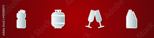 Set Sport bottle with water, Propane gas tank, Glasses of champagne and Household chemicals icon. Vector.