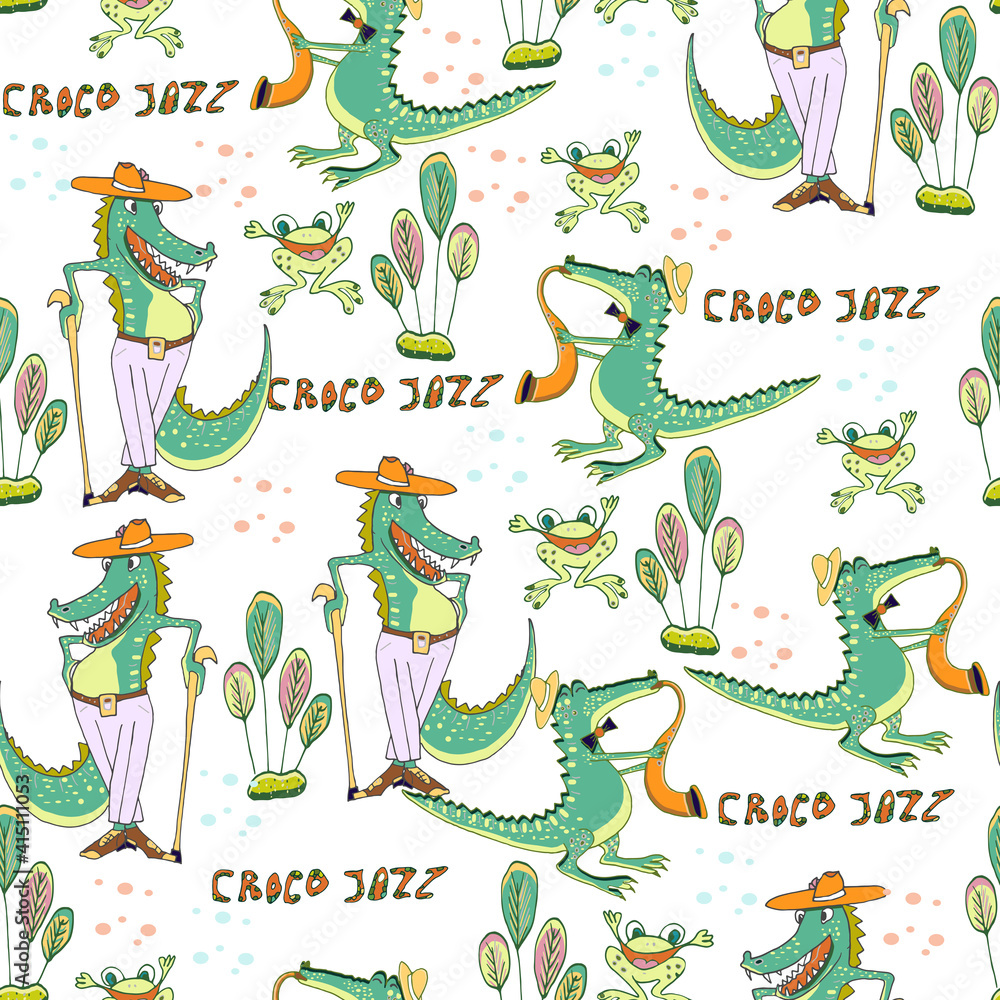 Vector seamless nursery pattern. Funny crocodiles, jazz musucians, frogs, tropical plants, flowers. Vector seamless nursery pattern. Funny crocodiles, jazz musucians, frogs, tropical plants, flowers.