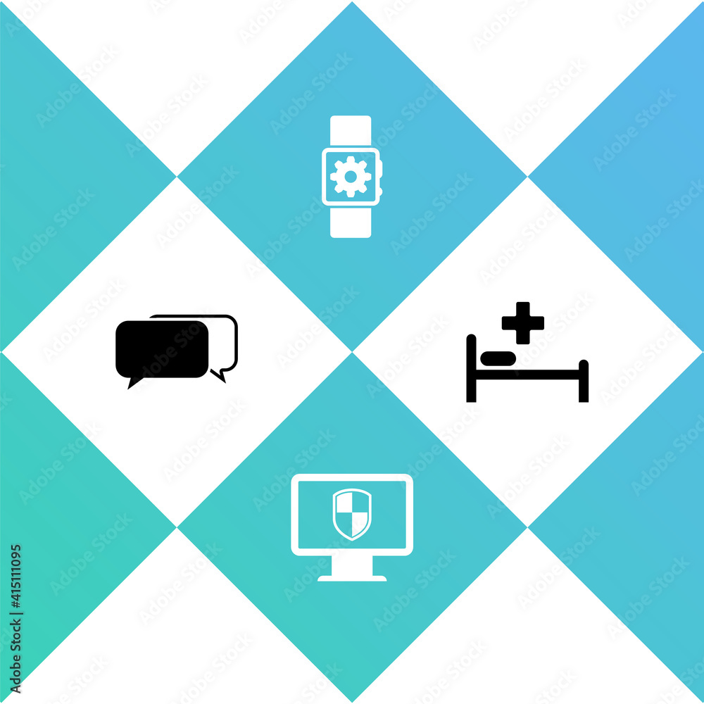 Set Chat, Monitor and shield, Smartwatch setting and Hospital bed icon. Vector. Set Chat, Monitor and shield, Smartwatch setting and Hospital bed icon. Vector.