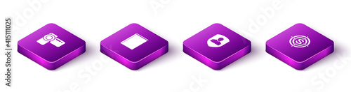 Set Isometric Cinema camera, Book, User protection and Target with dollar icon. Vector.