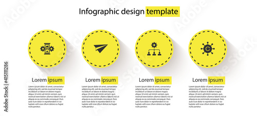 Set Hourglass and gear, Paper plane, Lead management and Copywriting network. Business infographic template. Vector.