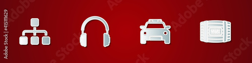 Set Hierarchy organogram chart, Headphones, Police car and flasher and Wooden barrel for wine icon. Vector.