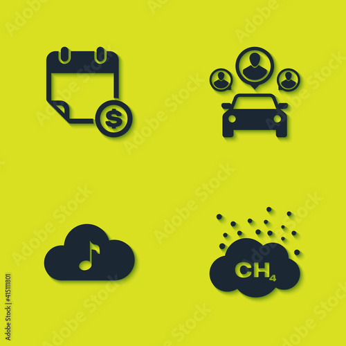 Set Financial calendar, Methane emissions reduction, Music streaming service and Car sharing icon. Vector.