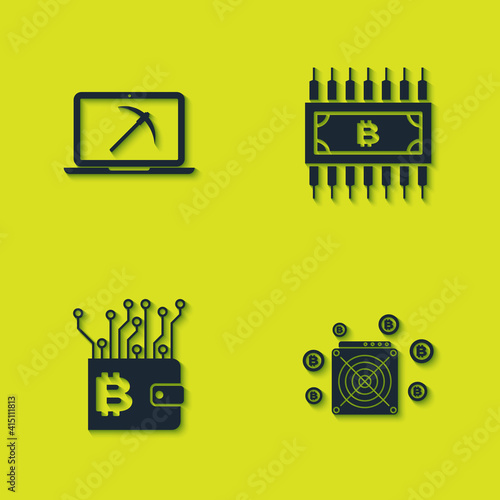 Set Mining with laptop and pickaxe, ASIC Miner, Cryptocurrency wallet and bitcoin circuit icon. Vector.