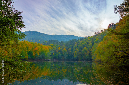 HDR photo of Landscape of the forest at autumn and lake