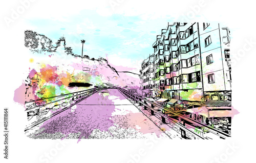 Building view with landmark of Bursa is a city in northwestern Turkey. Watercolour splash with hand drawn sketch illustration in vector.
