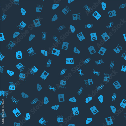Set Cryptocurrency cloud mining, bitcoin circuit, wallet and on seamless pattern. Vector.
