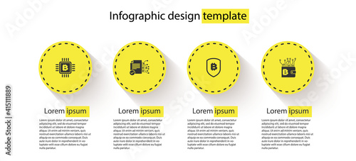 Set CPU mining farm, Smart contract, Shield with bitcoin and Cryptocurrency wallet. Business infographic template. Vector.