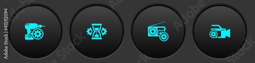 Set Drill machine setting, Hourglass, Radio and Video camera icon. Vector.