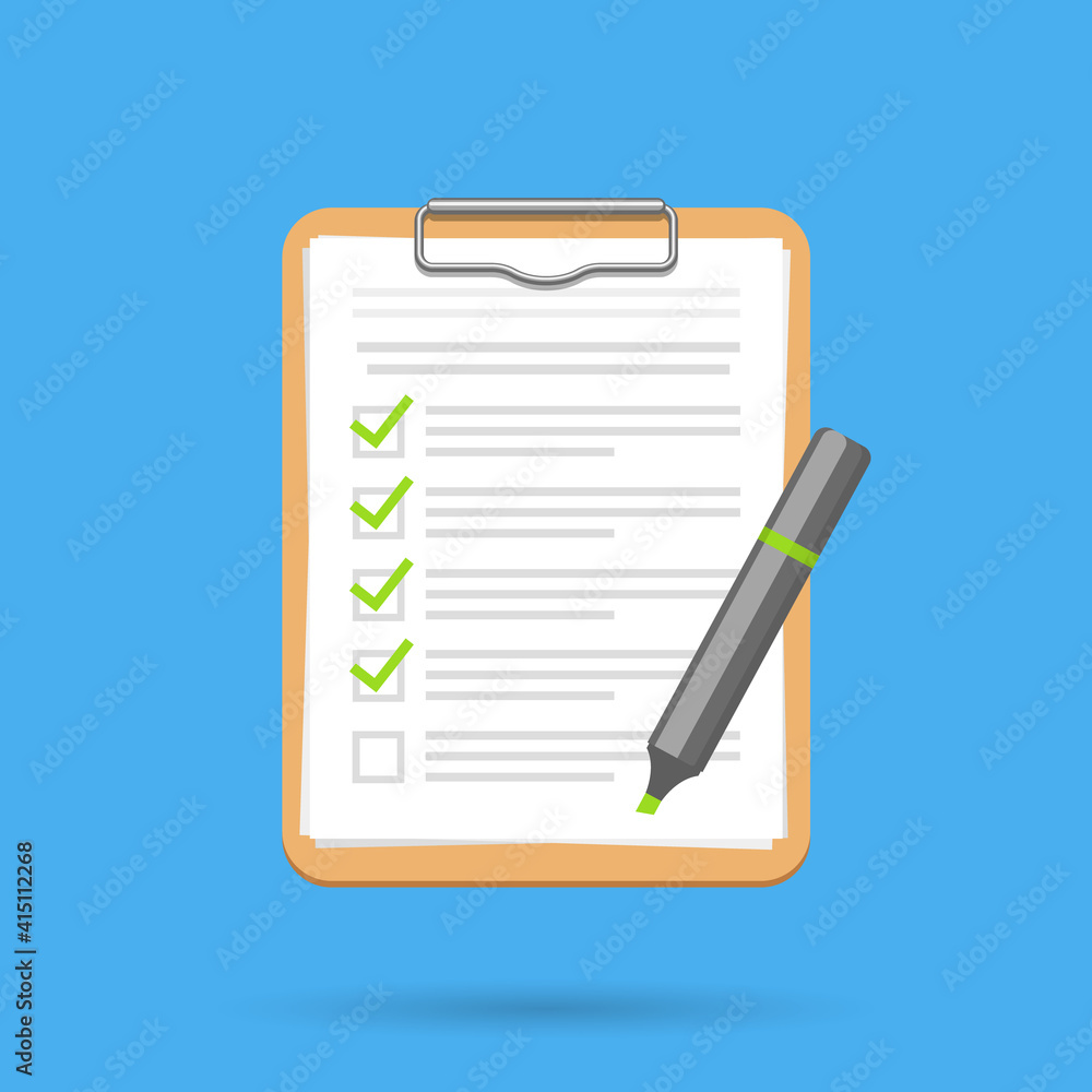 Clipboard with checklist and pen on blue background. Exam task. Vector icon. Clipboard with checklist and pen on blue background. Exam task. Vector icon.