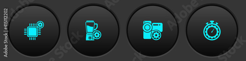 Set Processor setting, Blender with bowl, Video camera and Time management icon. Vector.