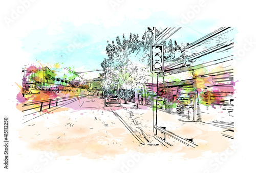 Building view with landmark of Bursa is a city in northwestern Turkey. Watercolour splash with hand drawn sketch illustration in vector.