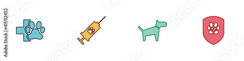 Set Veterinary clinic, Syringe with pet vaccine, Dog and Animal health insurance icon. Vector.