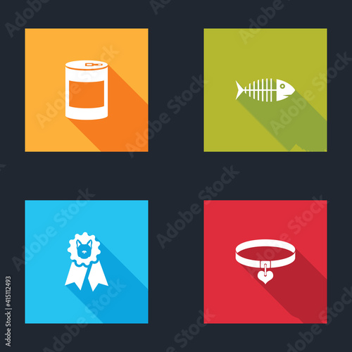 Set Canned food, Fish skeleton, Dog award symbol and Collar and heart icon. Vector.