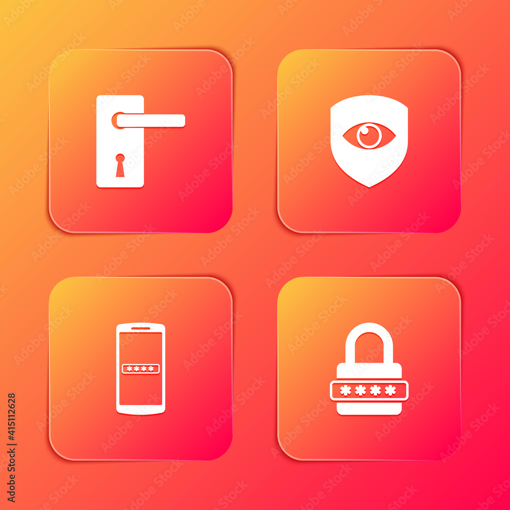 Set Door handle, Shield eye, Mobile password and Password protection icon. Vector. Set Door handle, Shield eye, Mobile password and Password protection icon. Vector.