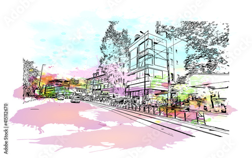 Building view with landmark of Bursa is a city in northwestern Turkey. Watercolour splash with hand drawn sketch illustration in vector.