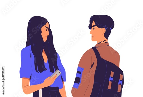 Misunderstanding between people. Awkward moment of unpleasant occasional meeting. Couple of man and woman with tense and strained faces. Colorful flat vector illustration isolated on white background