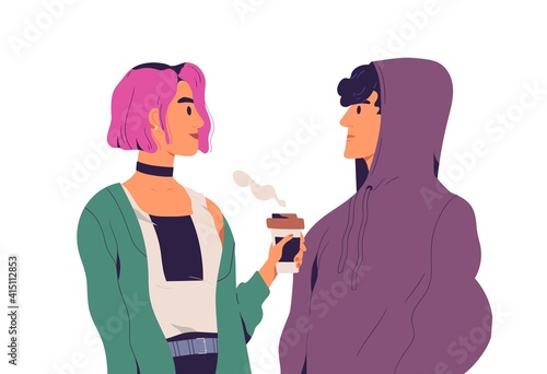 Two young people standing in silence and looking at each other eye to eye. Tr...