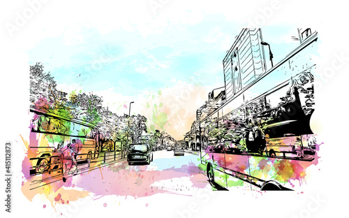 Building view with landmark of Bursa is a city in northwestern Turkey. Watercolour splash with hand drawn sketch illustration in vector.