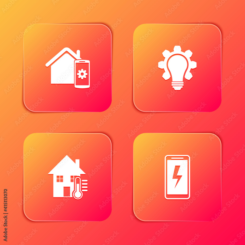 Set Smart home remote control system, Light bulb and gear, House temperature and Mobile charging battery icon. Vector. Set Smart home remote control system, Light bulb and gear, House temperature and Mobile charging battery icon. Vector.