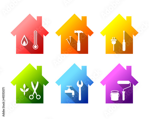 House set with work tools as facility management, repair or renovation concept. Facilities or property manager symbol, colorful home and tool icons.